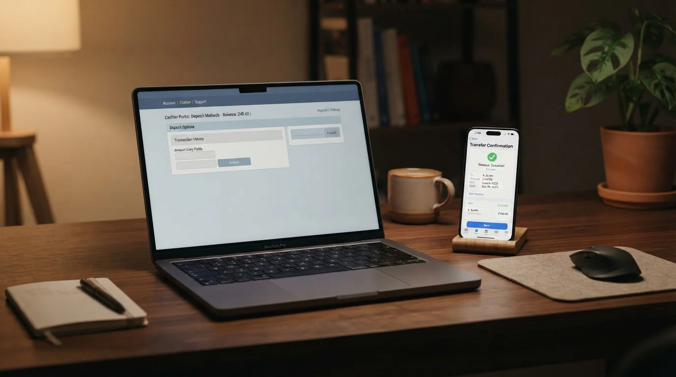Smartphone showing a banking transfer confirmation next to a laptop open on a casino cashier screen
