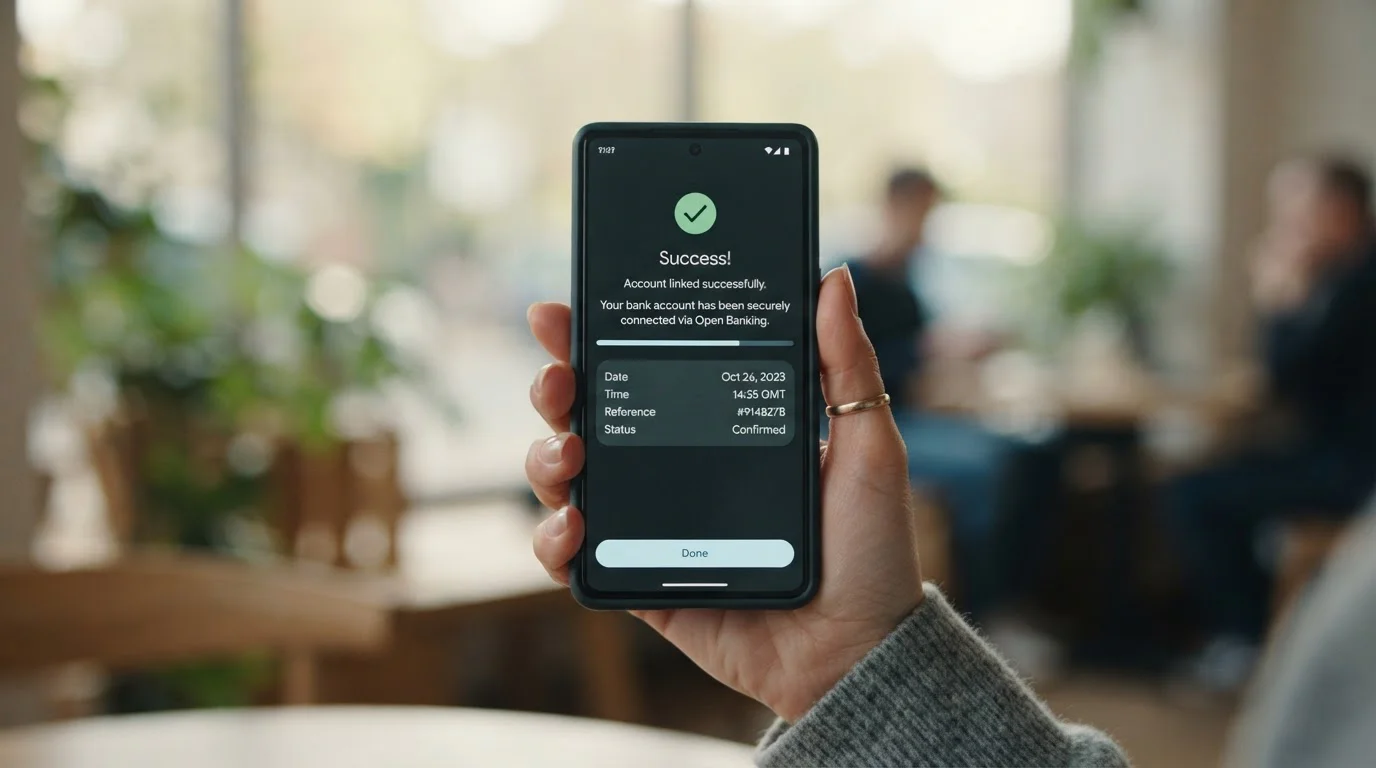 Smartphone showing a neutral open-banking confirmation screen held in one hand in natural light