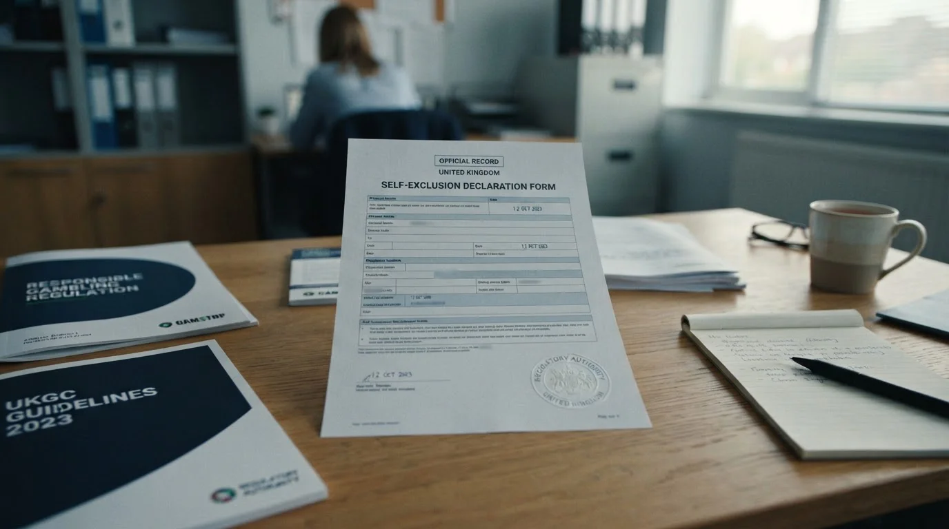 Official GAMSTOP self-exclusion document on desk with UK regulatory paperwork