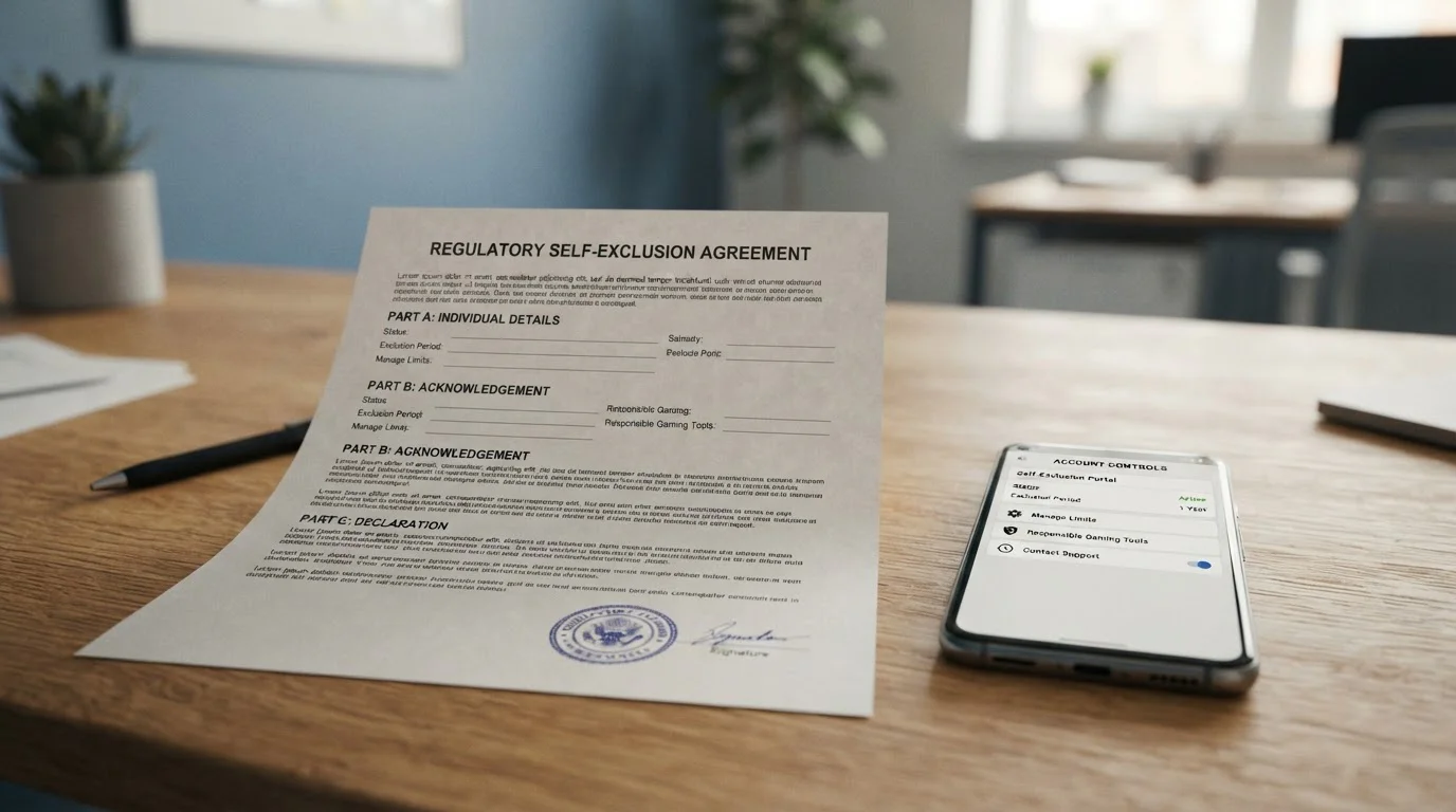 Official UK regulatory self-exclusion document on a desk beside an Android phone showing account controls