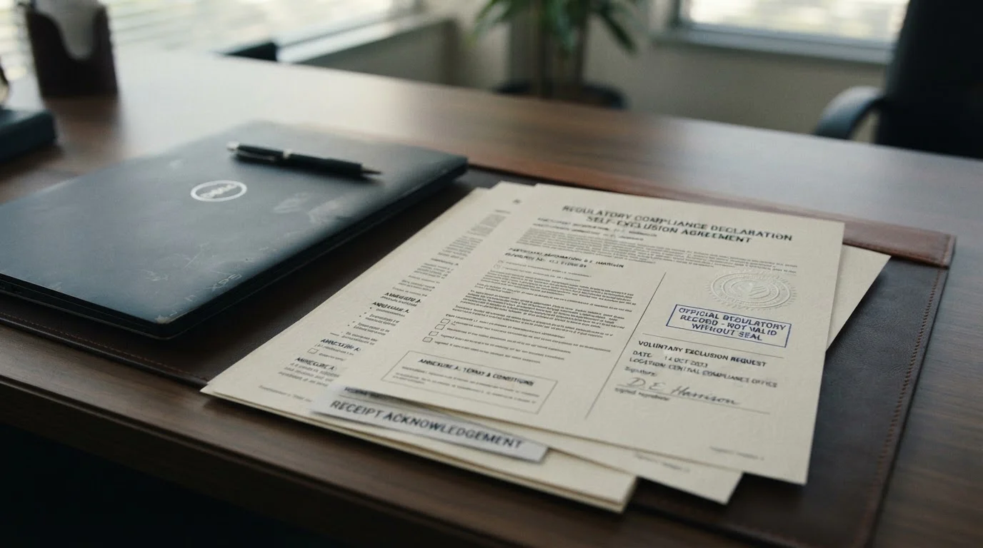 Official self-exclusion and UK regulatory paperwork on a desk beside a closed laptop