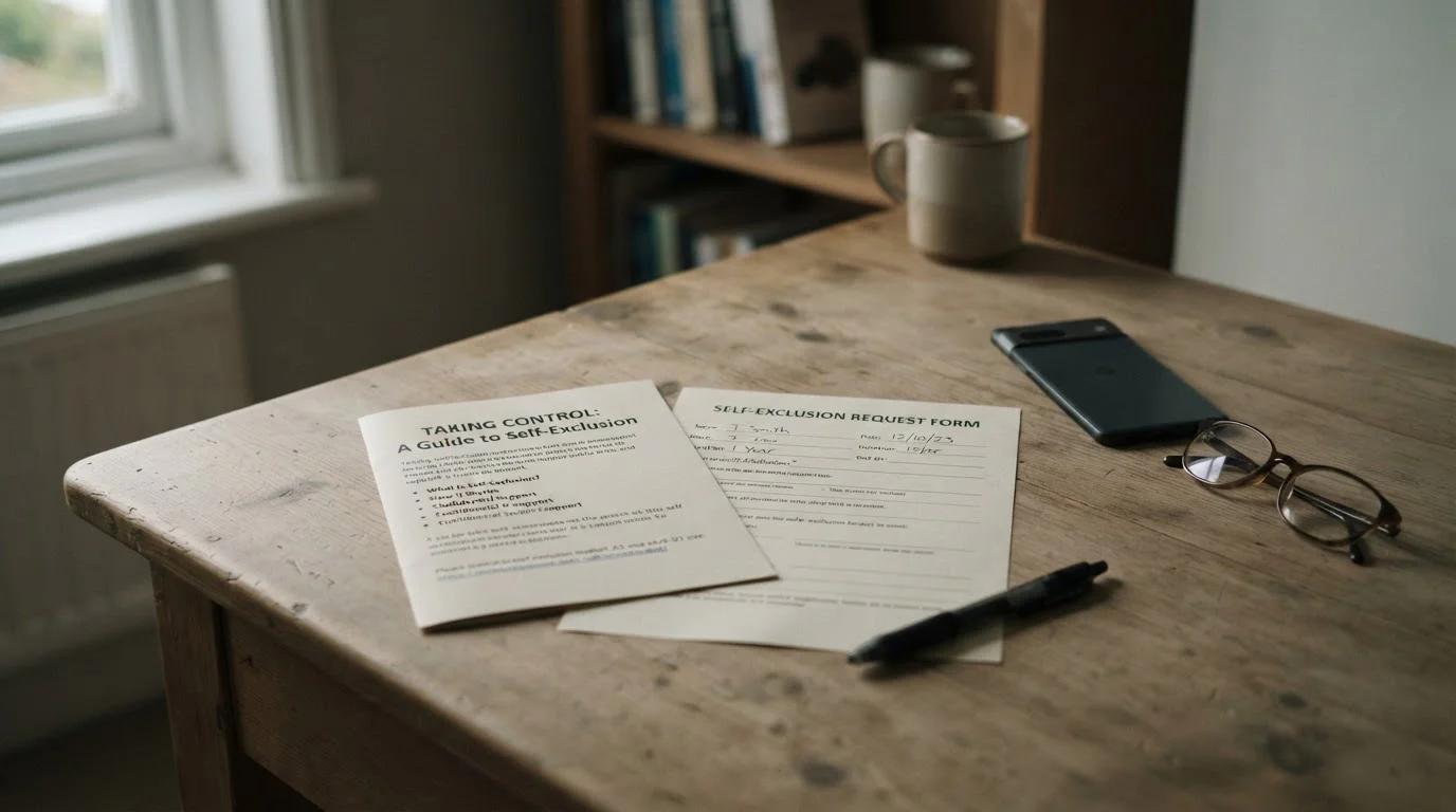 UK self-exclusion scheme paperwork on a desk alongside a smartphone