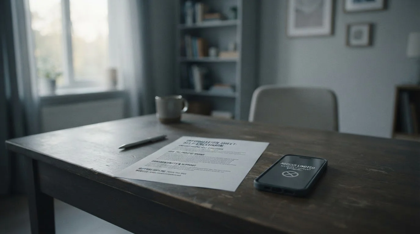 GAMSTOP self-exclusion information on a desk beside a phone showing a blocked gambling site