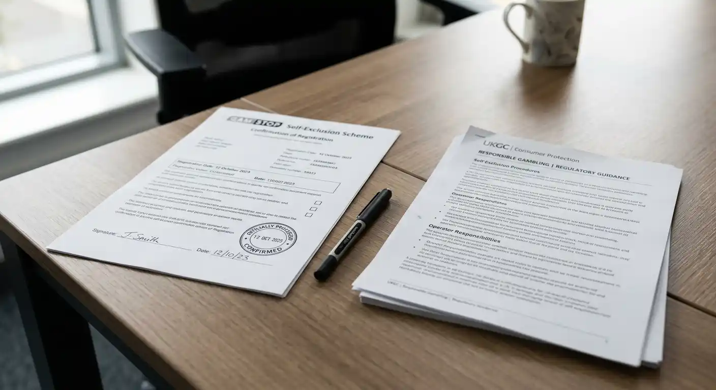 Official GAMSTOP self-exclusion paperwork on a desk with neutral UK regulatory documents