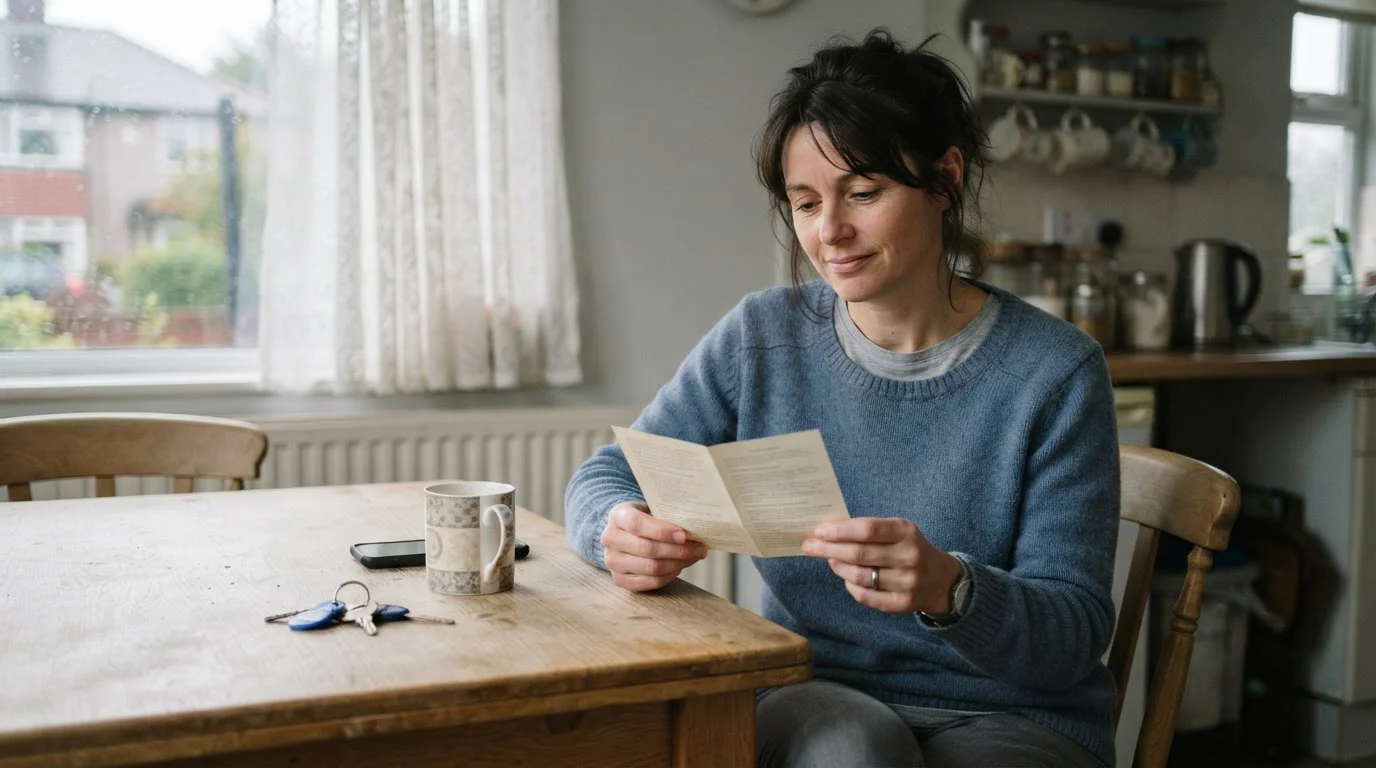 Person at a kitchen table reading a self-exclusion information leaflet
