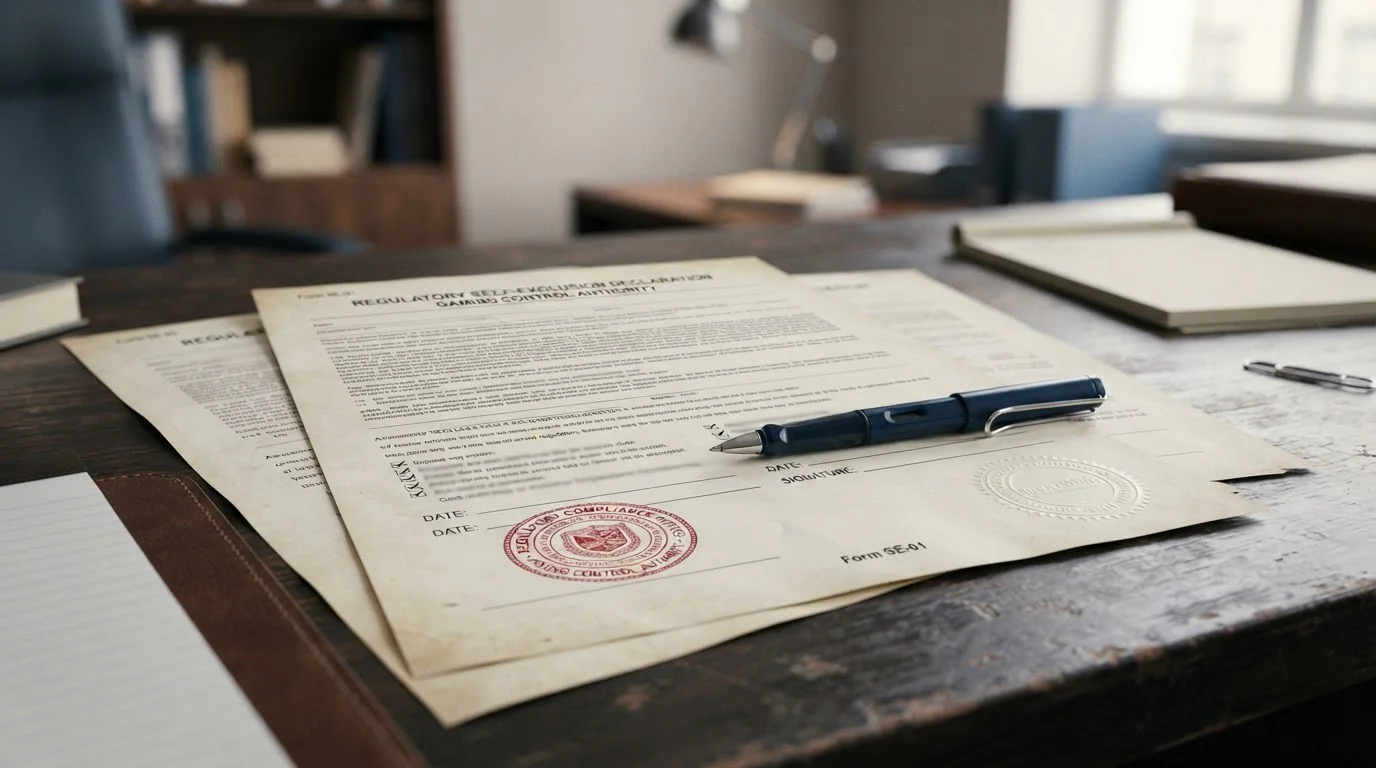 Official-looking self-exclusion and regulatory paperwork on a desk representing UK player protection