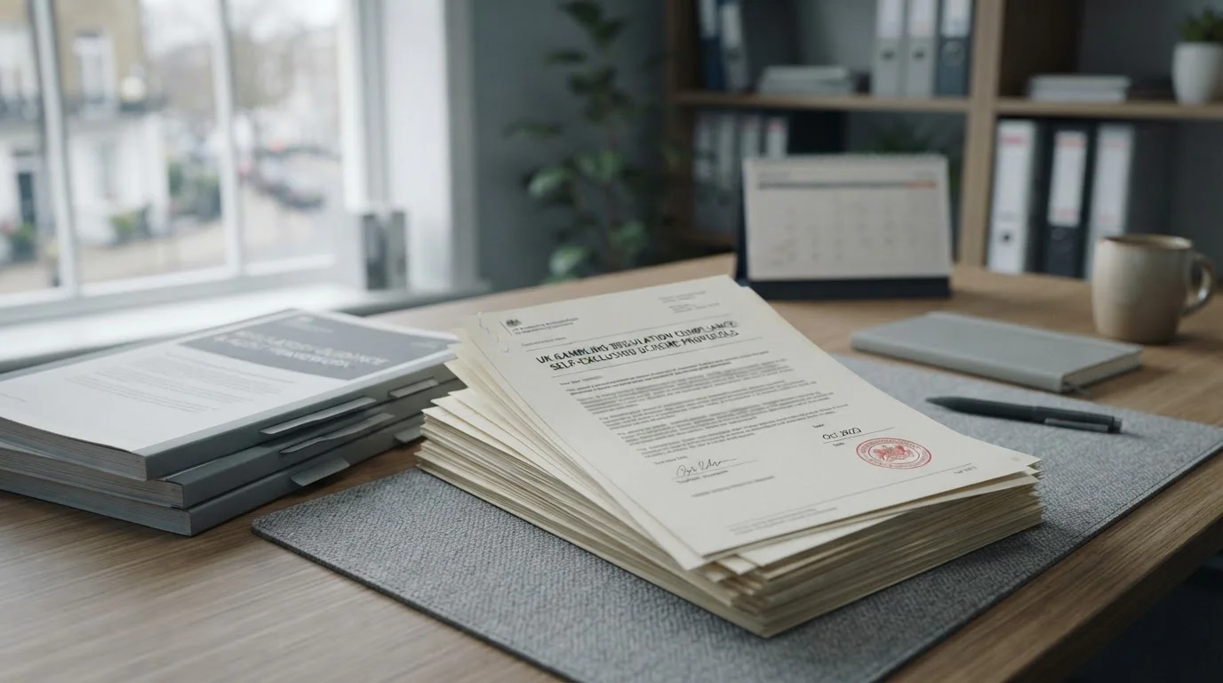 Official-looking self-exclusion document on a desk beside UK regulatory paperwork