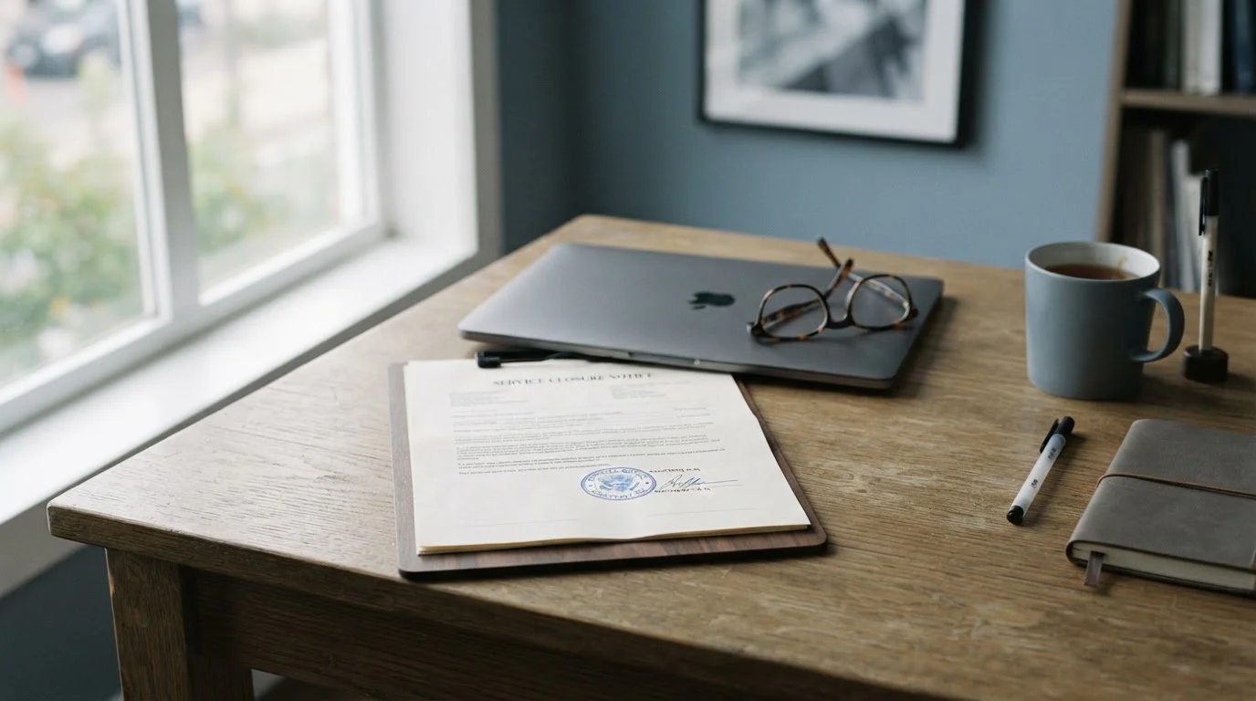 German payment-service closure notice shown on a desk with official documents