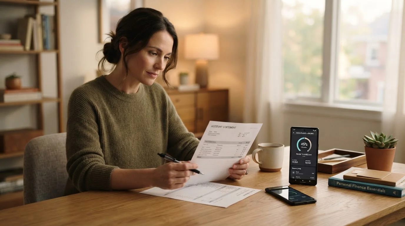 Person at a tidy desk reviewing a printed bank statement beside an Android phone showing transaction limits