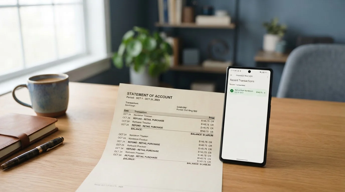 Desk with an Android phone showing a banking app and a printed statement listing a refund entry