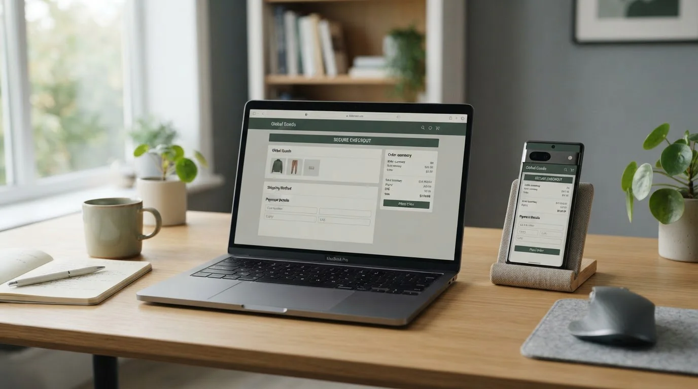 Android phone in the Chrome browser showing a casino cashier beside a laptop, illustrating cross-device Google Pay use