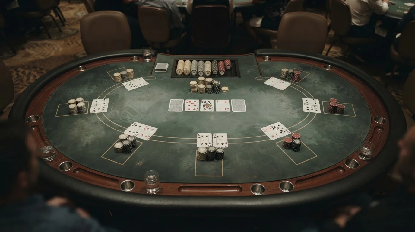 Casino table layout with cards and chips arranged neatly, no branding, soft overhead light