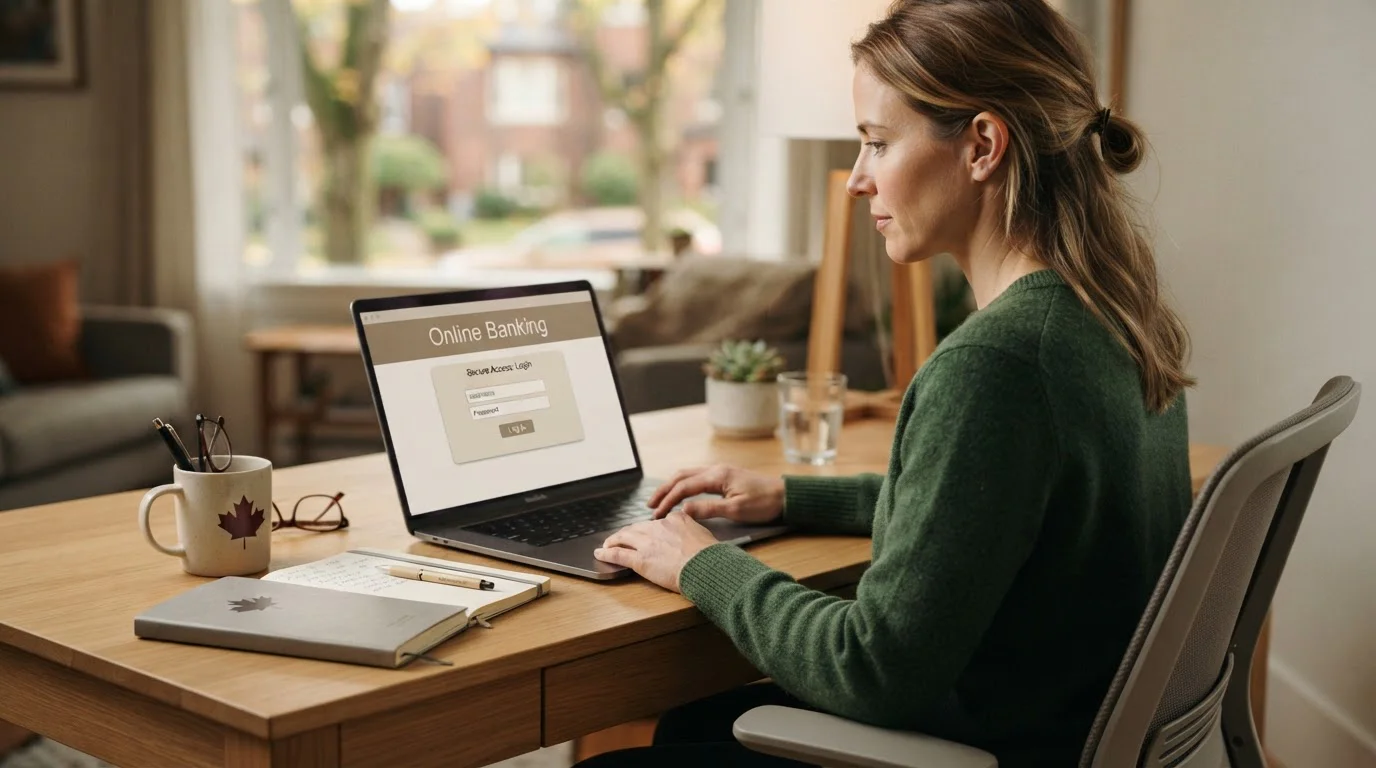Person at a desk reviewing a Canadian online banking login on a laptop