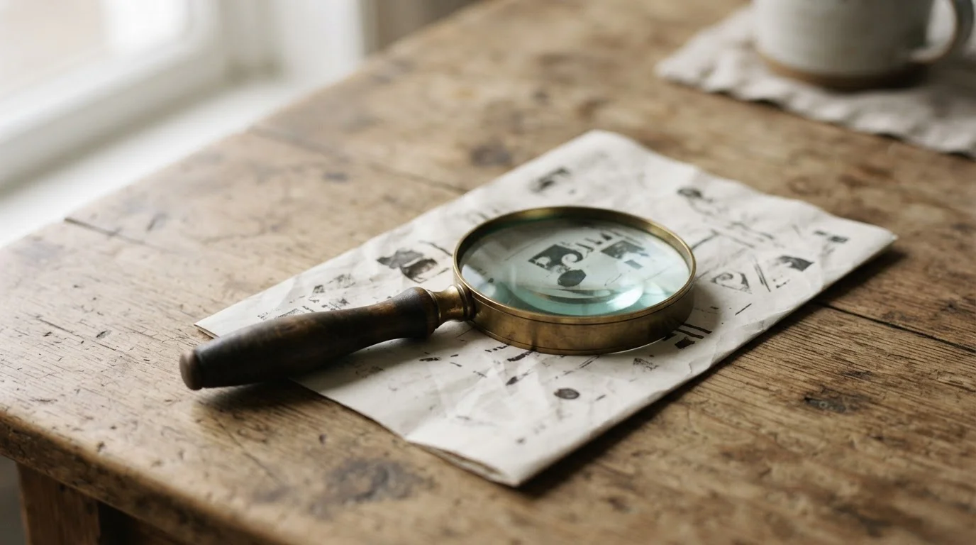 Magnifying glass resting on a printed advertising leaflet on a wooden table in soft light