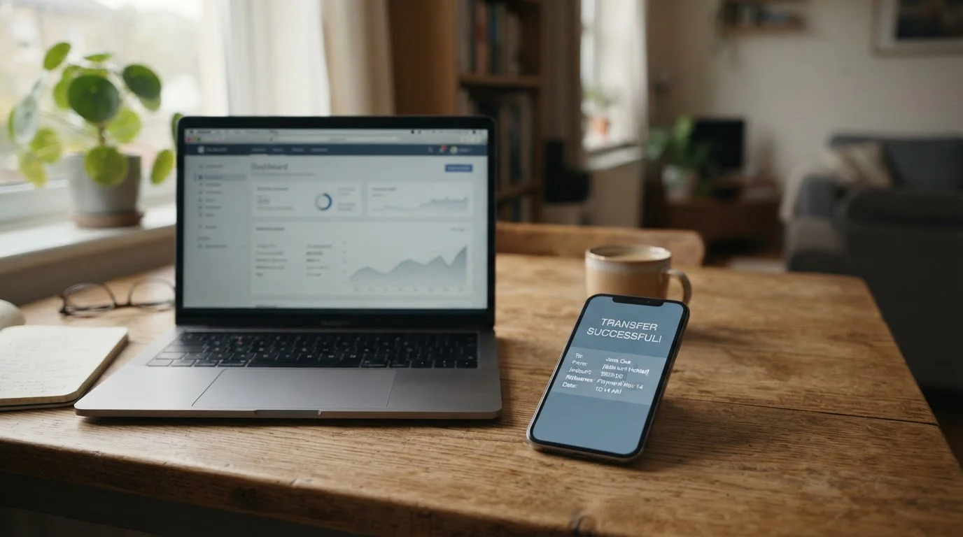 Conceptual scene of a Canadian bank app on a phone next to a laptop showing an online transfer confirmation