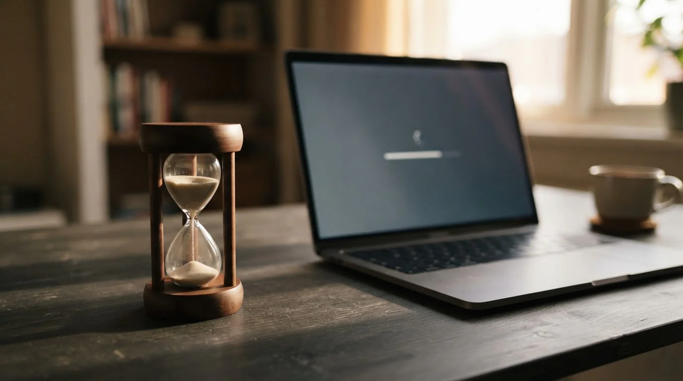 Hourglass beside a laptop showing a neutral withdrawal request screen