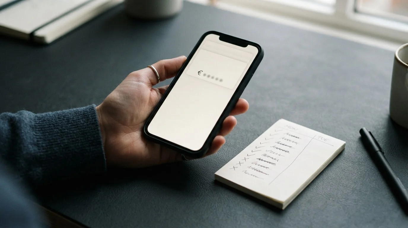 Jeton e-wallet payment status checked on a smartphone beside a notepad