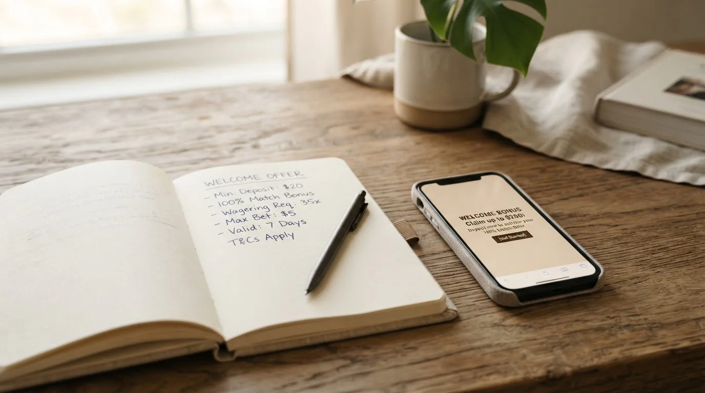 A notebook page listing bonus terms beside a phone showing a welcome offer screen