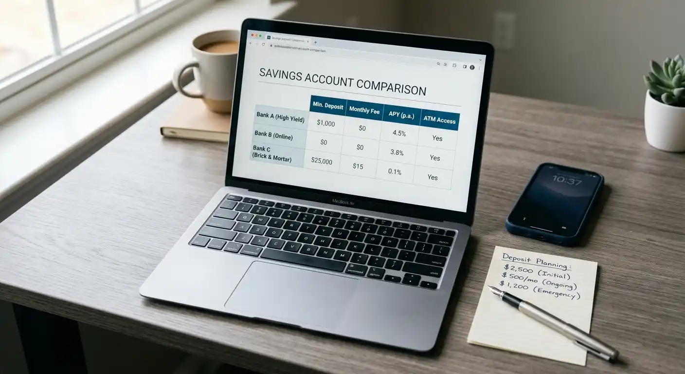 A tidy desk with a laptop, a phone and a short handwritten list of deposit amounts