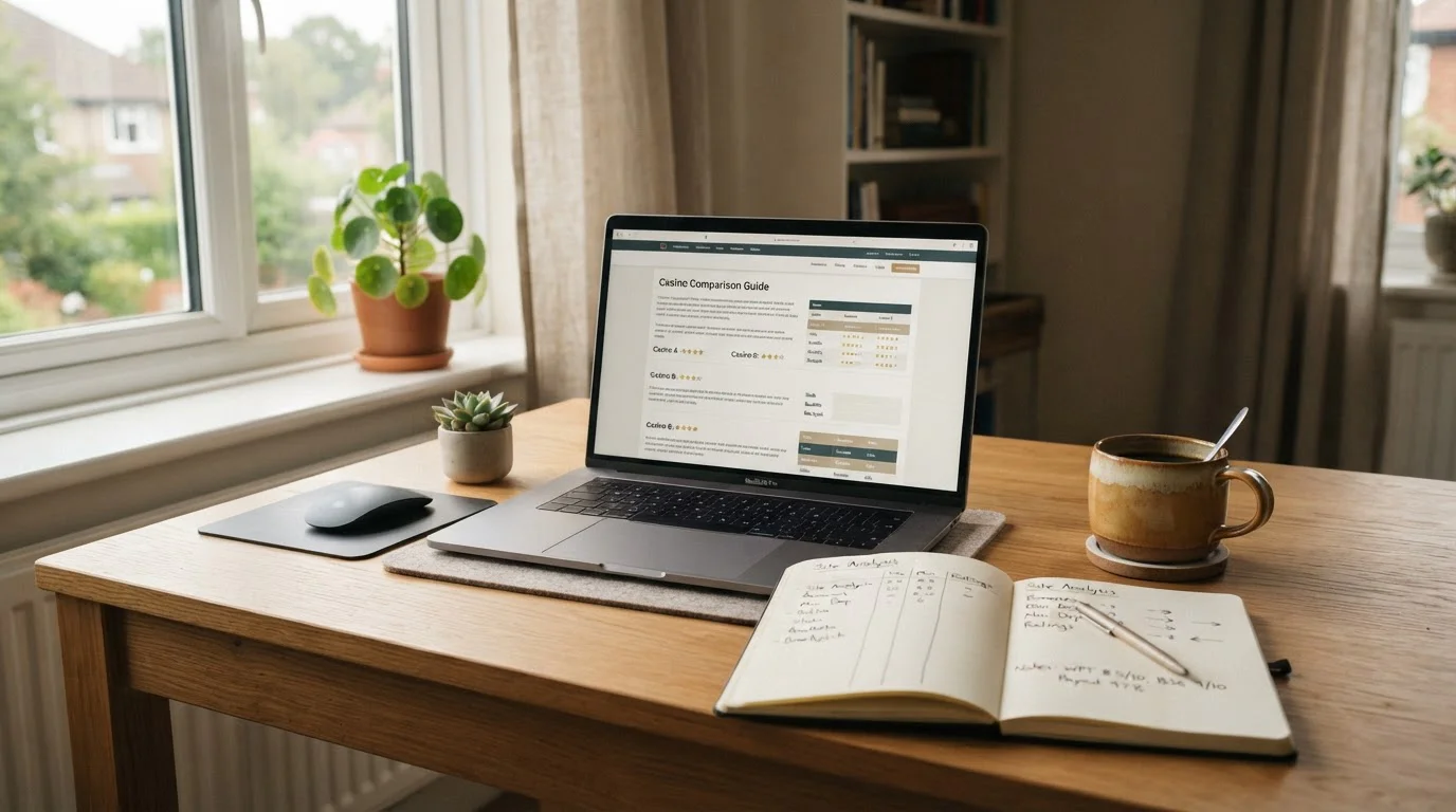 A tidy desk with a laptop showing a neutral casino comparison page and a notebook with handwritten figures