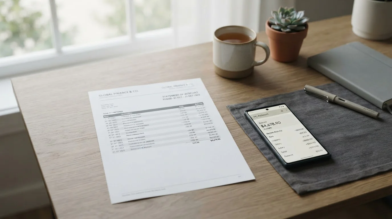 A bank statement and a smartphone showing an online banking balance on a quiet desk, no denominations shown