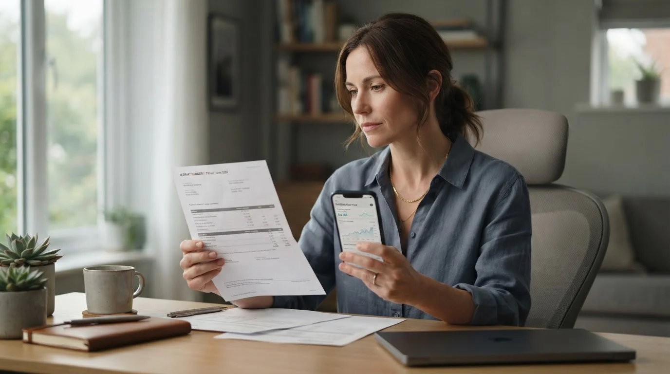 A person at a desk comparing two figures on a bank statement and a phone screen