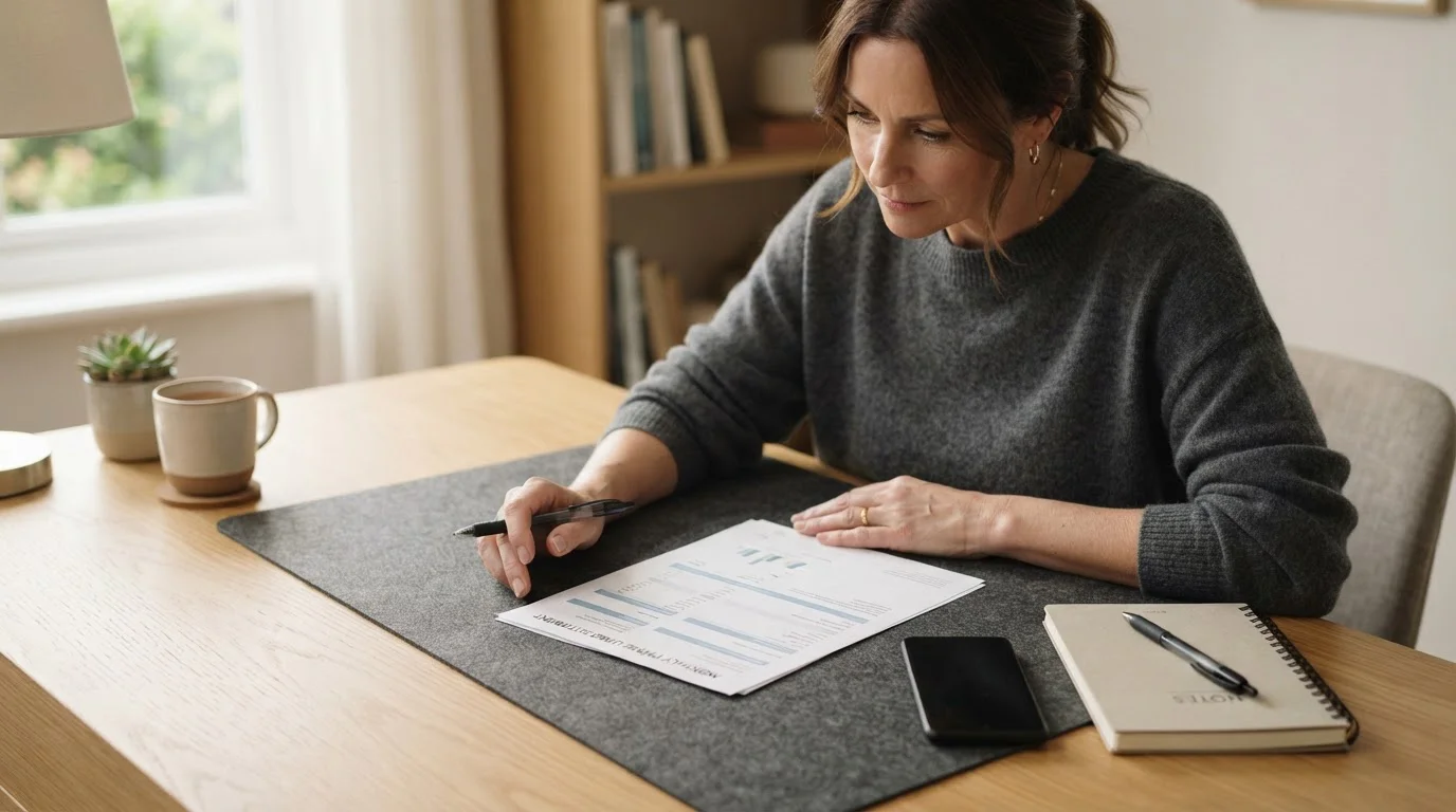 Person reviewing a printed phone statement at a tidy desk with a notepad