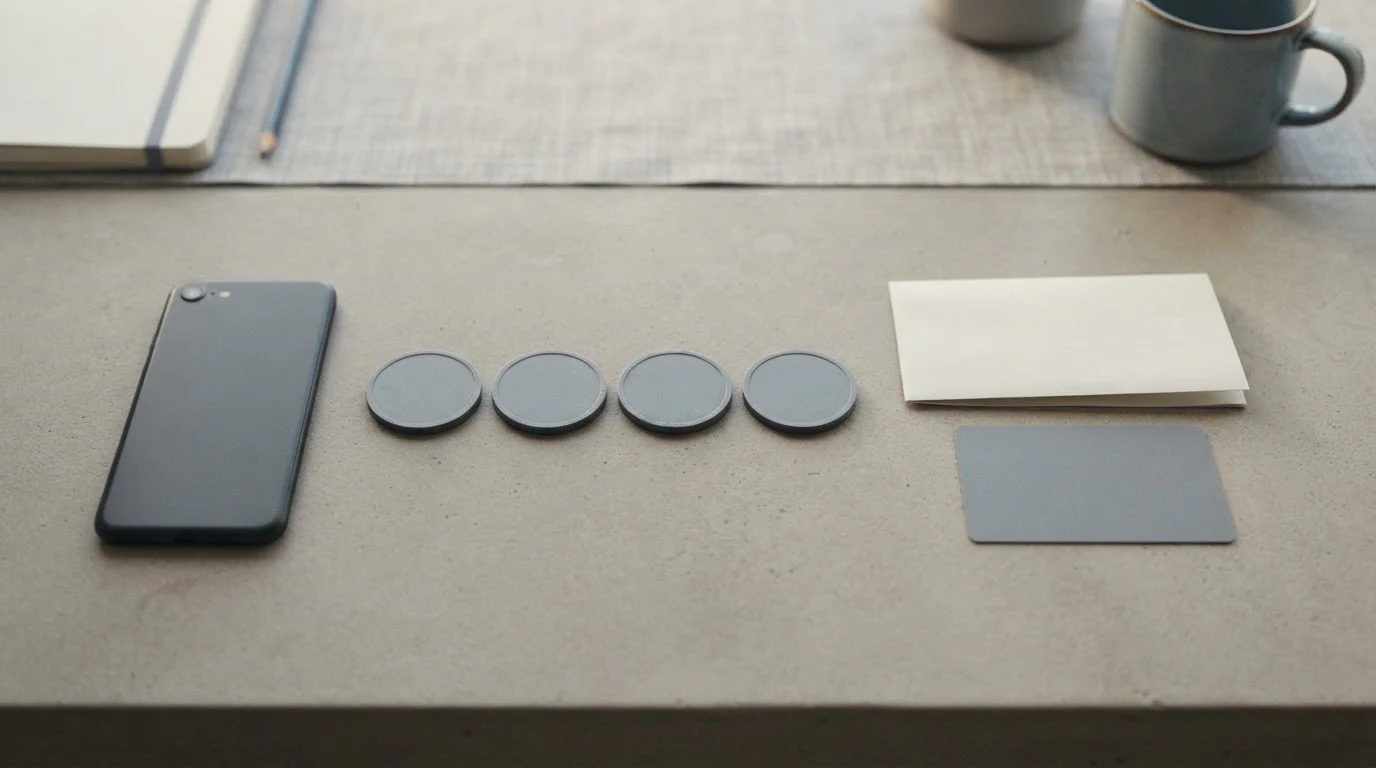 Row of neutral prepaid payment tokens and a basic phone arranged on a desk for comparison
