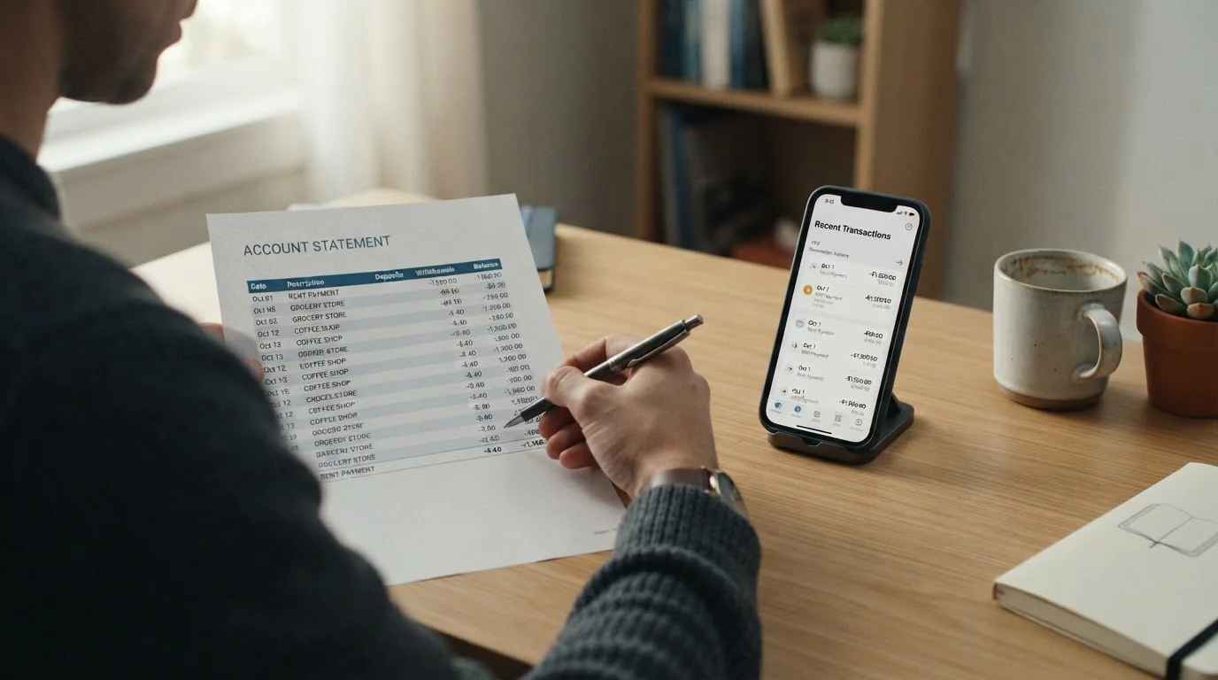 Person reviewing a printed account statement beside a phone showing a wallet transaction history