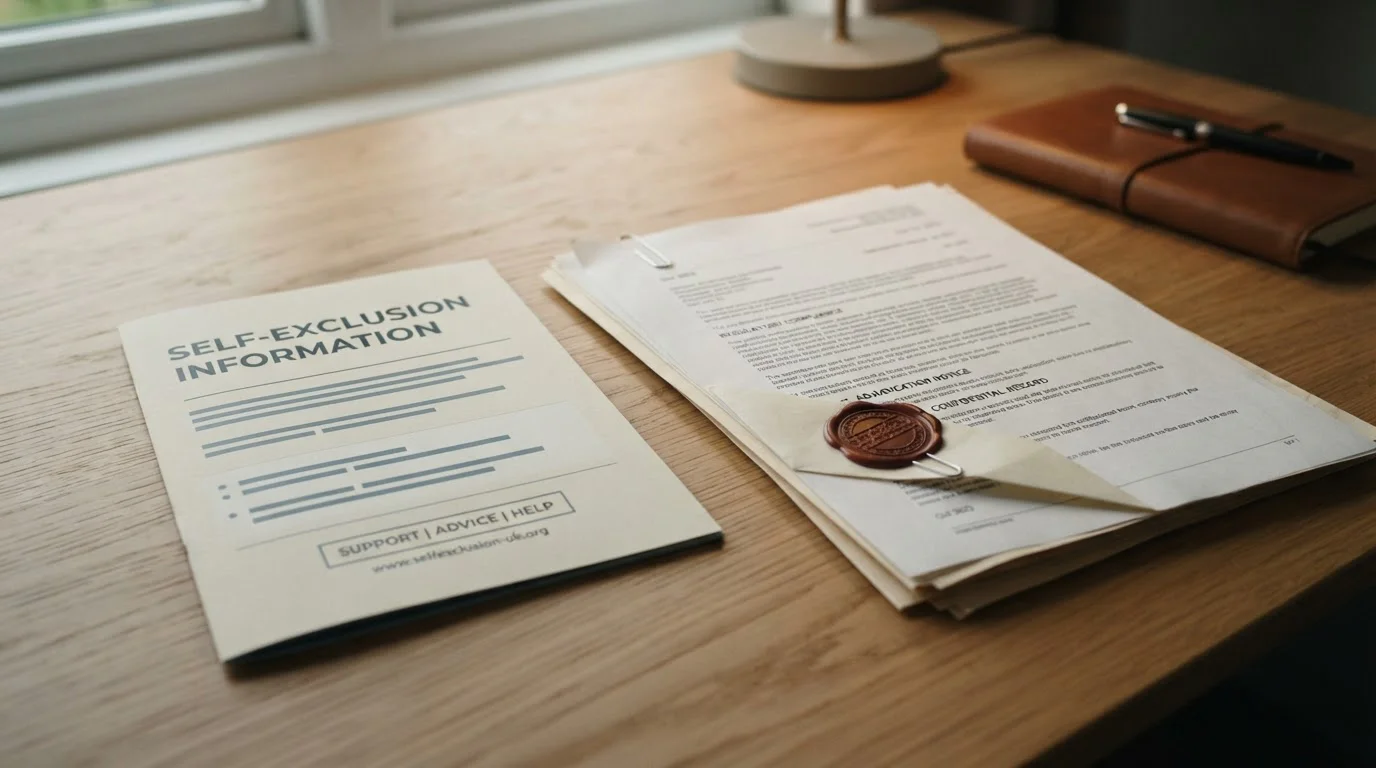 GAMSTOP self-exclusion information leaflet on a desk beside UK regulatory paperwork