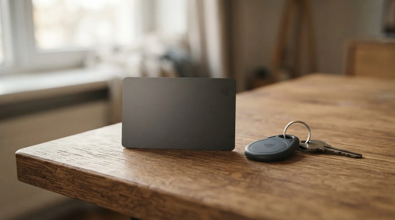 MuchBetter prepaid Mastercard and a contactless payment key fob resting on a wooden surface