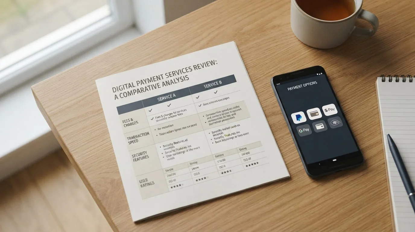 Desk with an open comparison document and a phone showing several payment app icons side by side