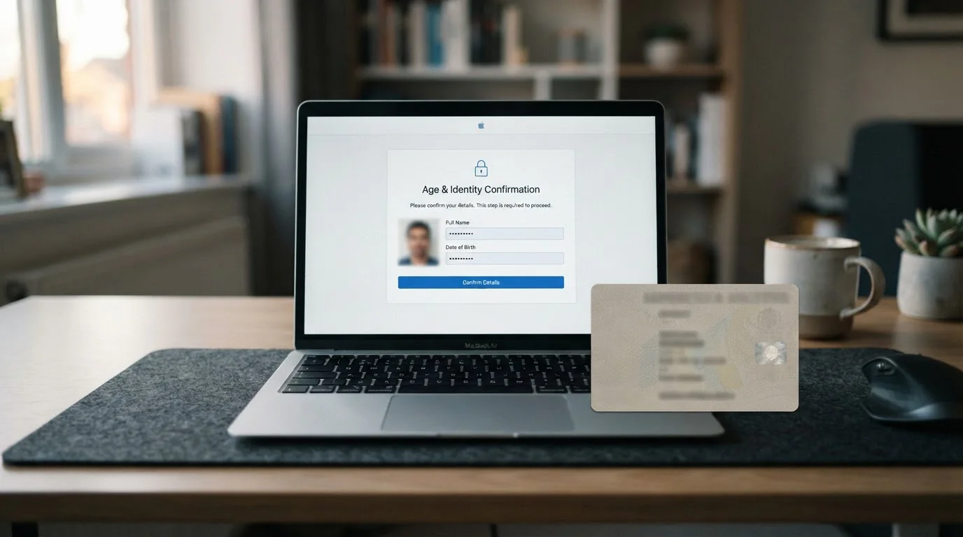 Desk with an identity document and a laptop showing a casino age and identity check screen