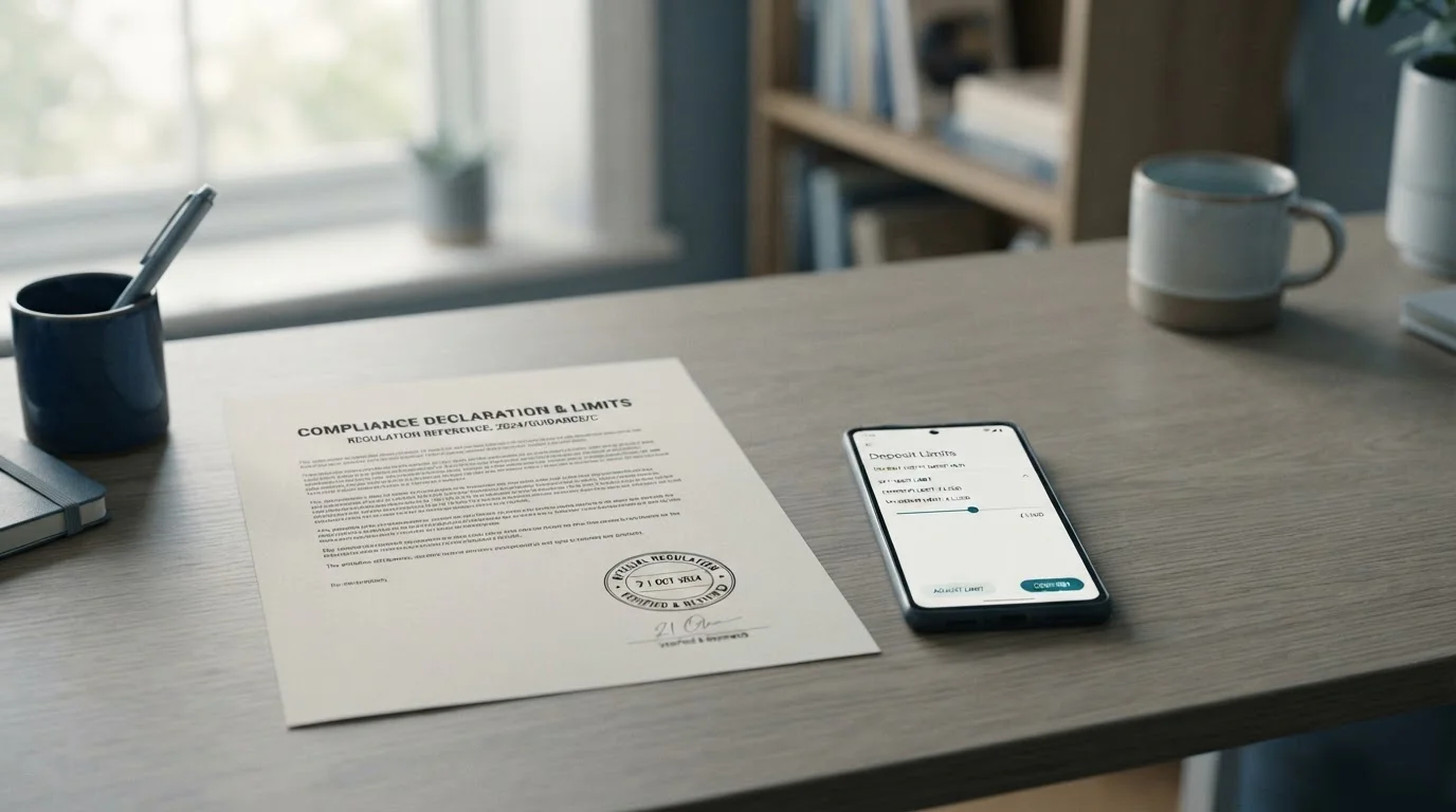An official-looking regulatory document and a smartphone showing a deposit-limit setting screen on a plain surface