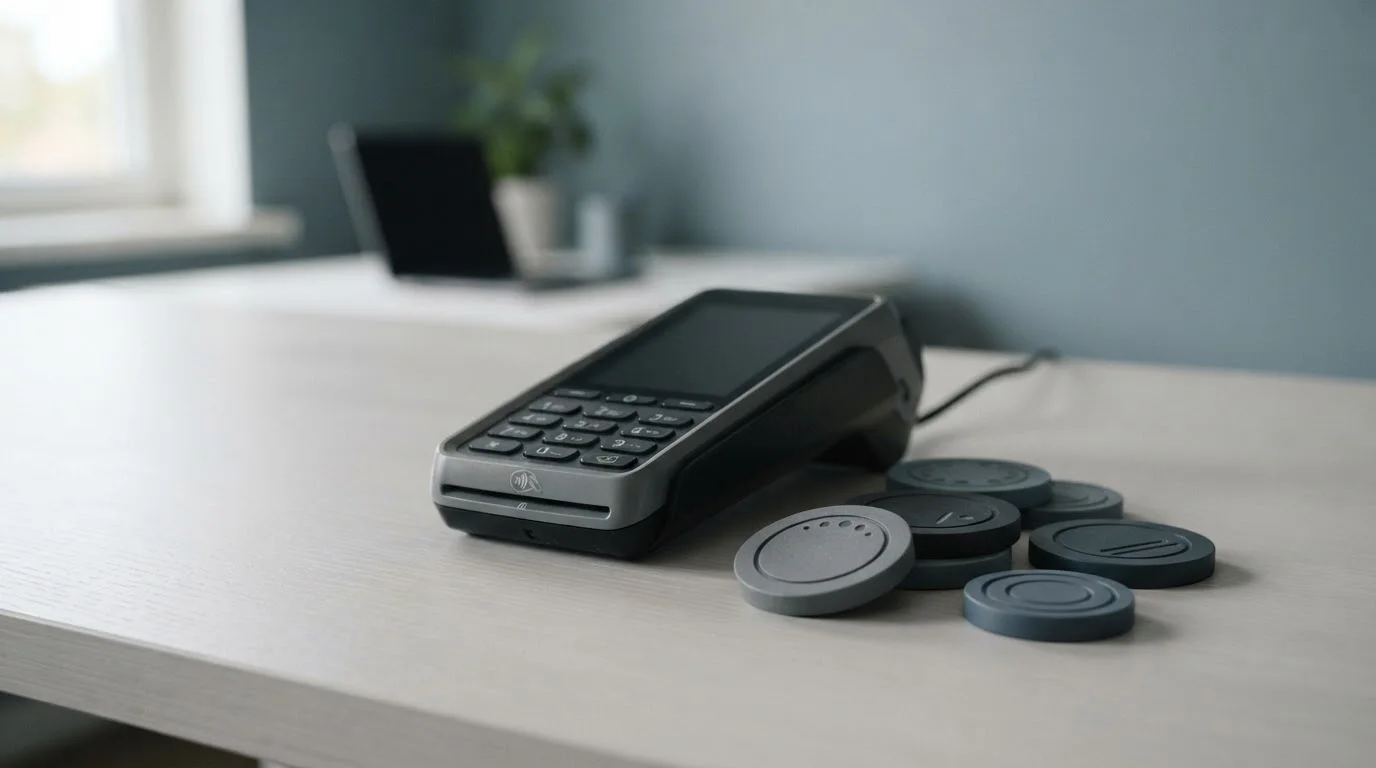 A set of abstract betting tokens beside a payment terminal on a plain desk, no denominations visible