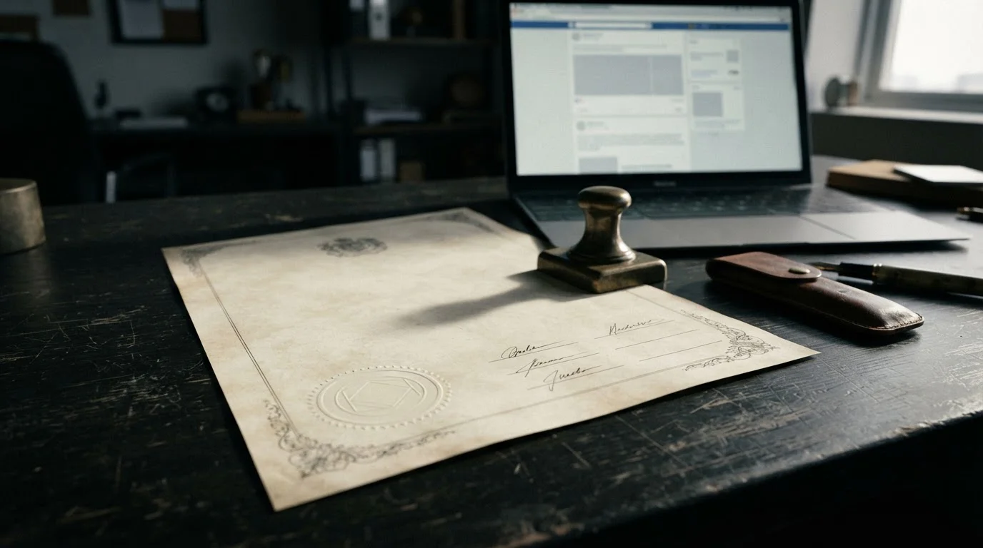Neutral gambling licence document beside a laptop showing an offshore casino registration page