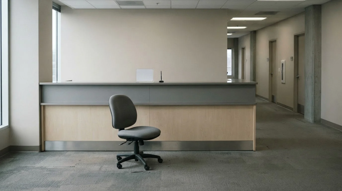 Empty chair beside a closed service desk symbolising lost recourse at offshore BNB casinos