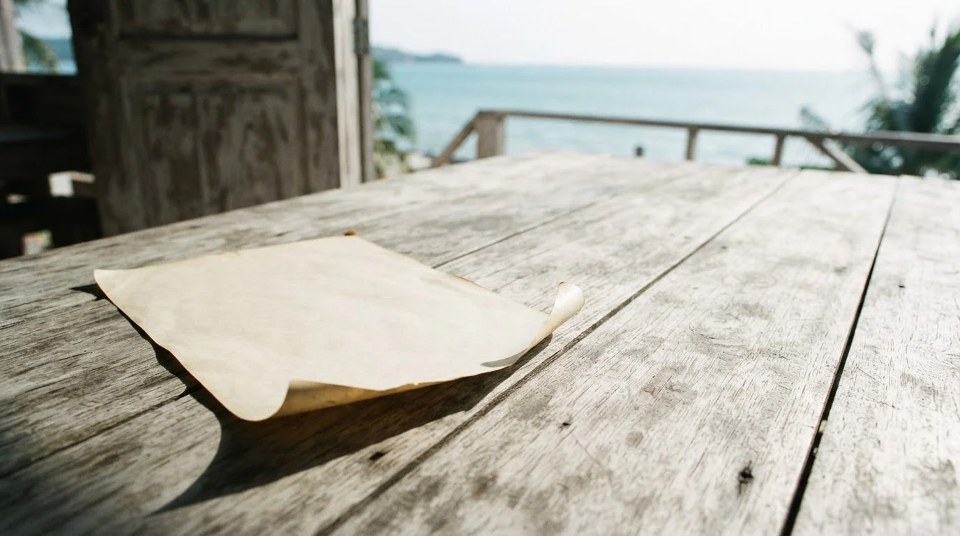 Plain certificate document curling on a weathered table in harsh tropical daylight