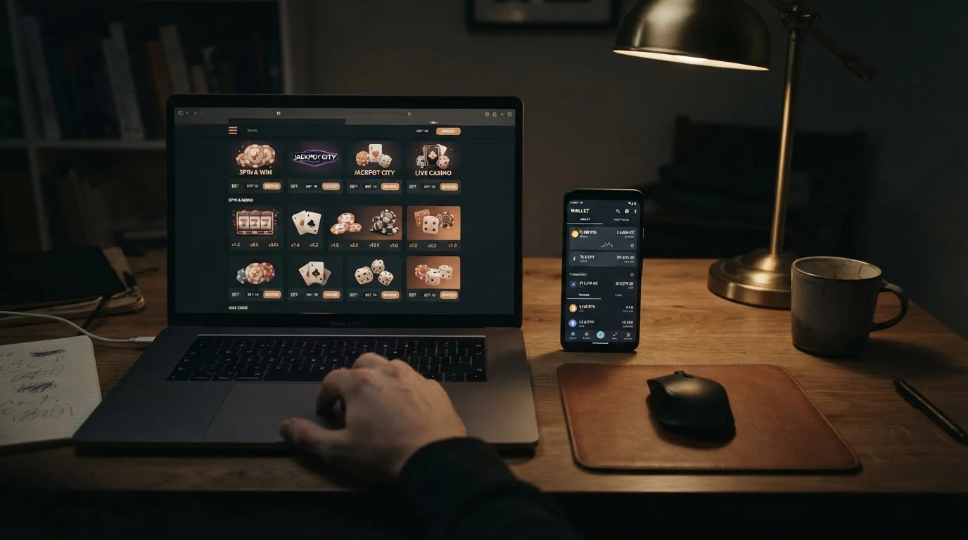 Warning-toned desk scene with a laptop showing an offshore casino site and a phone with a crypto wallet