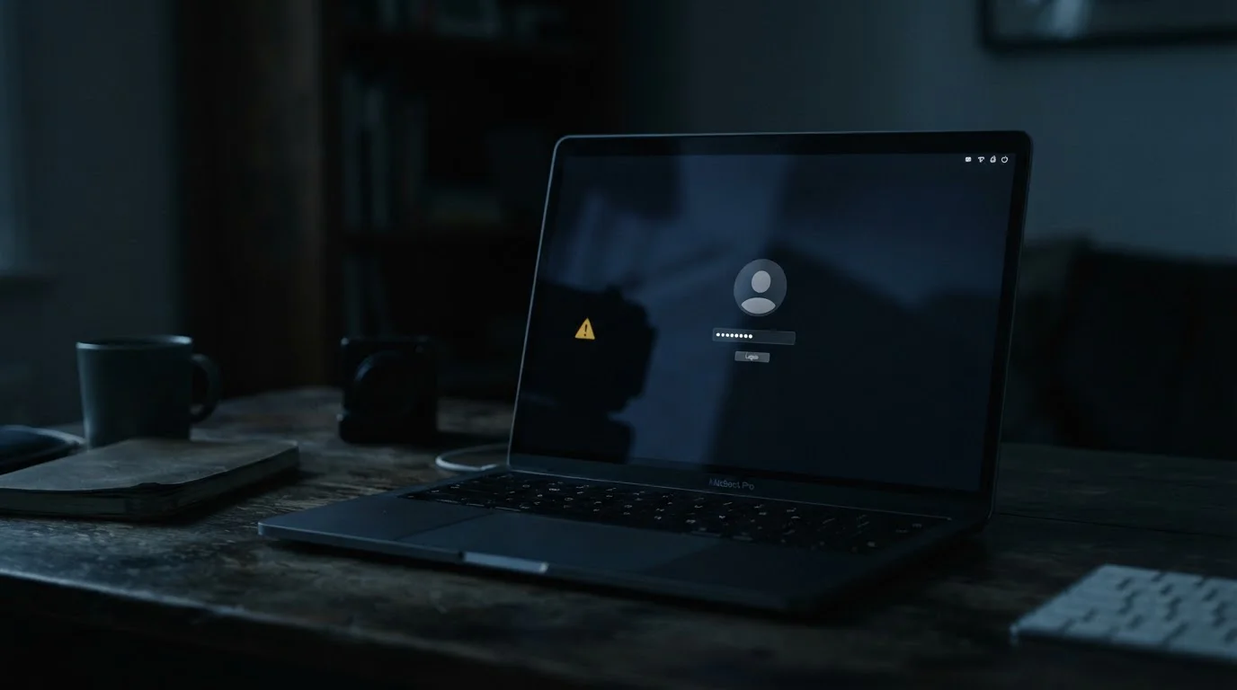 Warning sign reflected in a laptop screen showing an anonymous offshore casino login