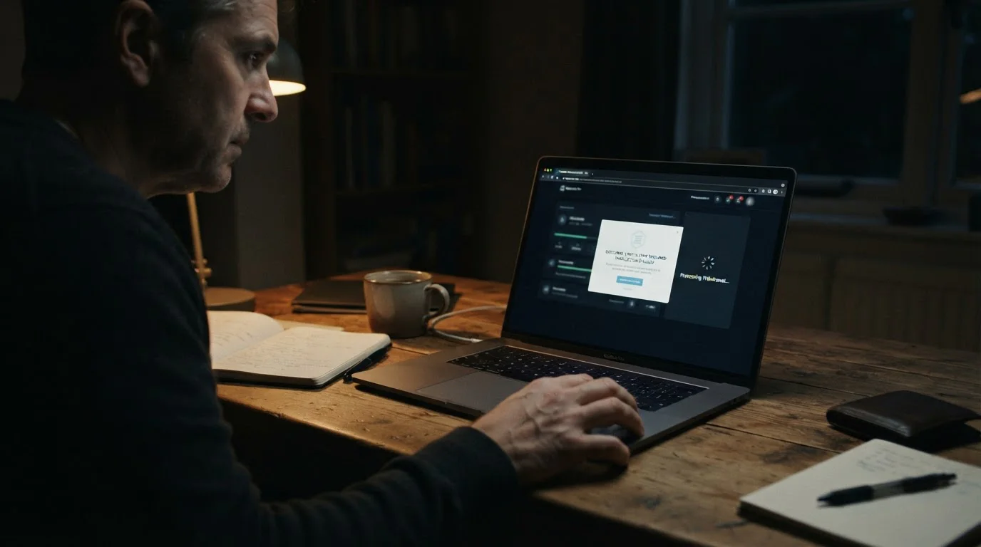 Laptop showing an unlicensed offshore casino payout being blocked by a sudden document request