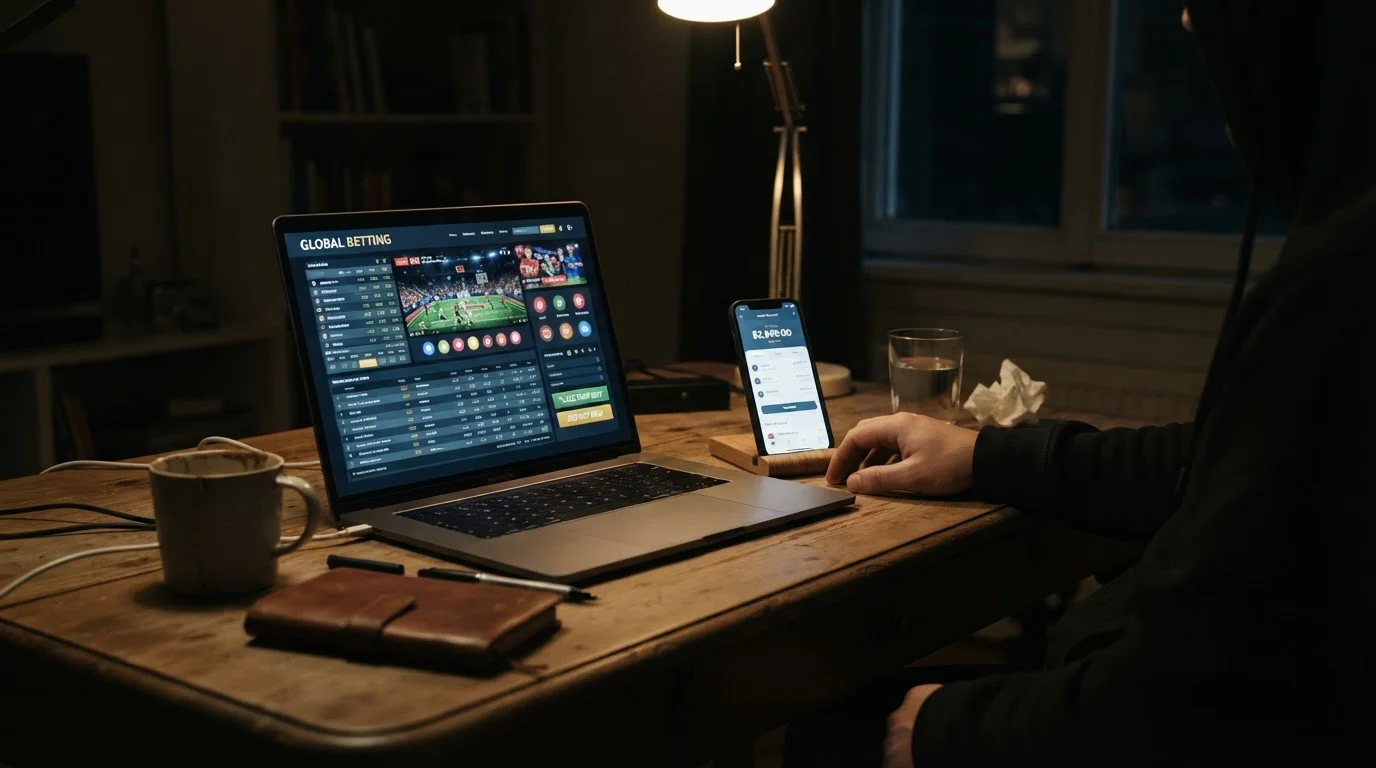 Desk scene with a laptop showing an offshore casino site and a phone open to a banking app
