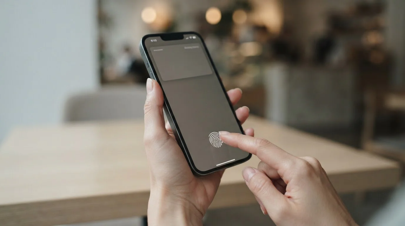 Hand holding a phone authenticating a bank payment with a fingerprint