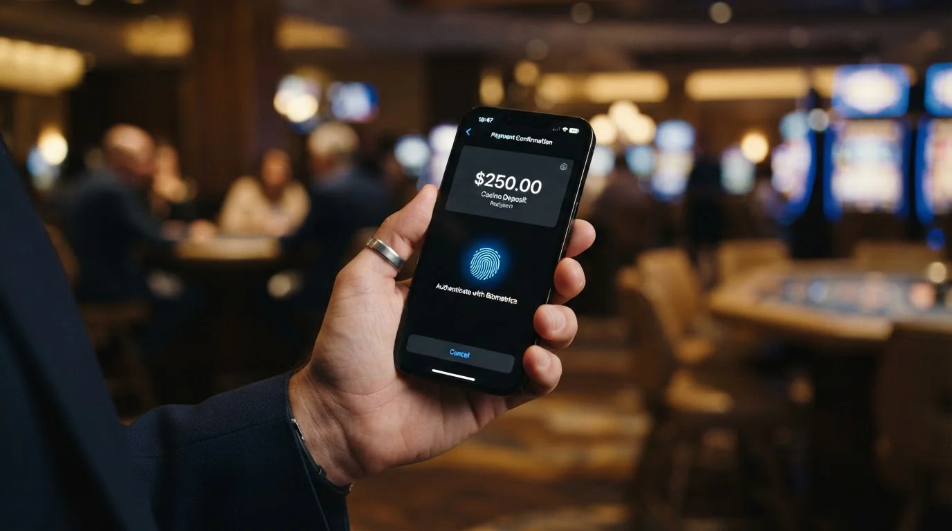 Smartphone showing banking app authentication with fingerprint icon and casino deposit confirmation