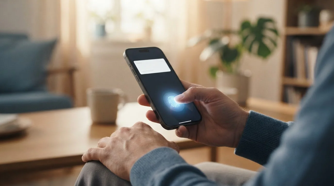 Person approving a casino deposit inside a mobile banking app with a biometric confirmation step