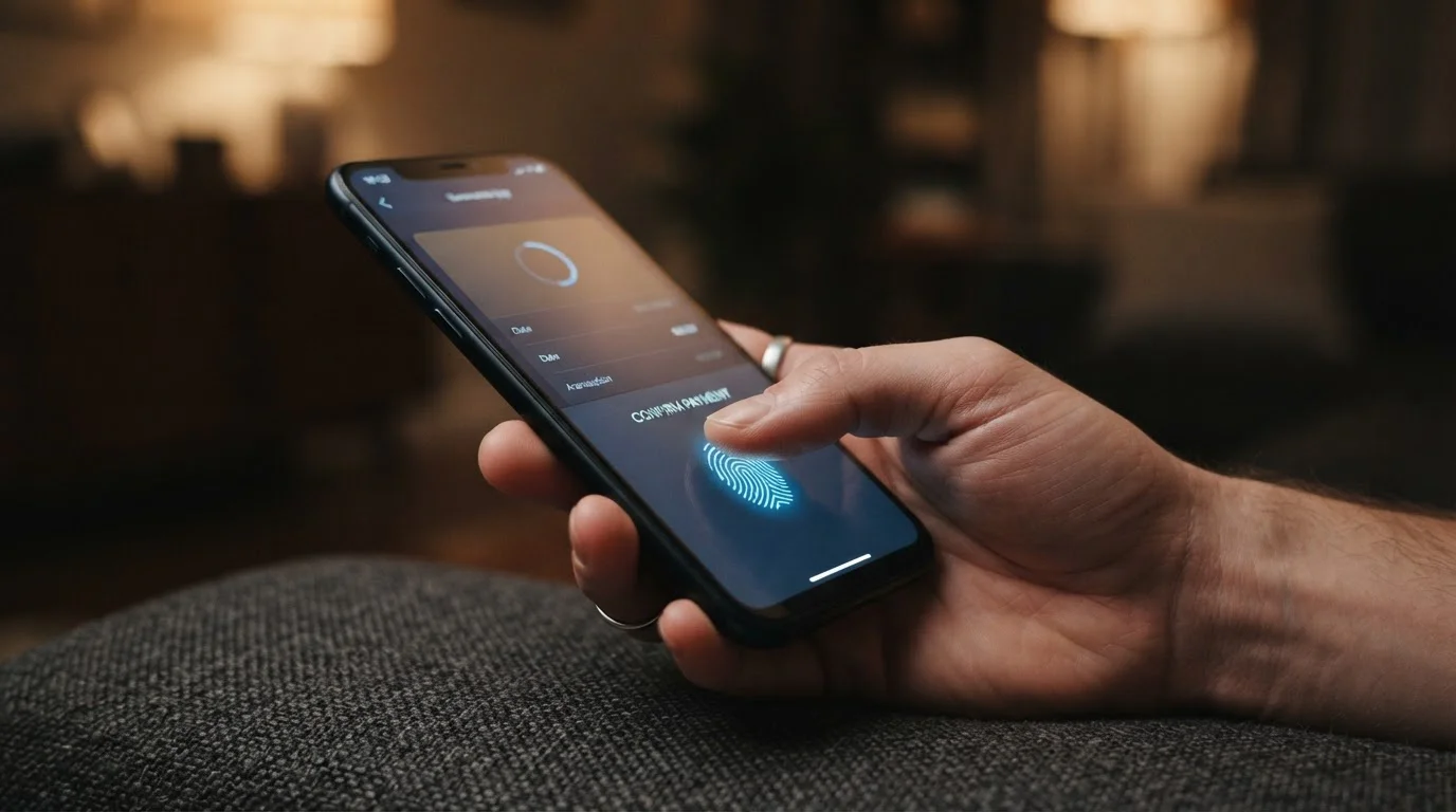 Phone banking app approving a casino deposit over open banking with a fingerprint