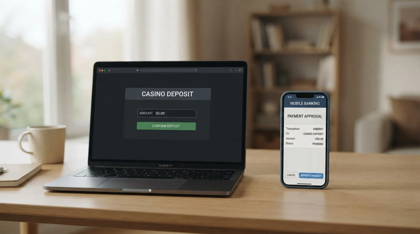 Laptop and phone showing an open banking payment authorisation moving money from a bank to a casino account