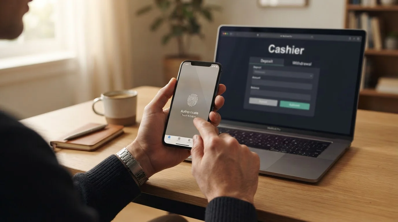 Smartphone showing a banking app fingerprint check for an open-banking casino deposit