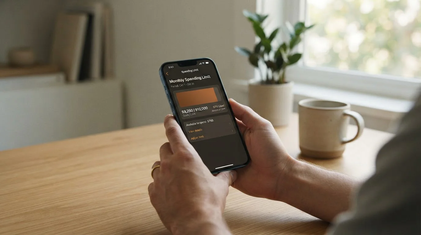 Person checking a mobile account balance showing a daily spending cap reached