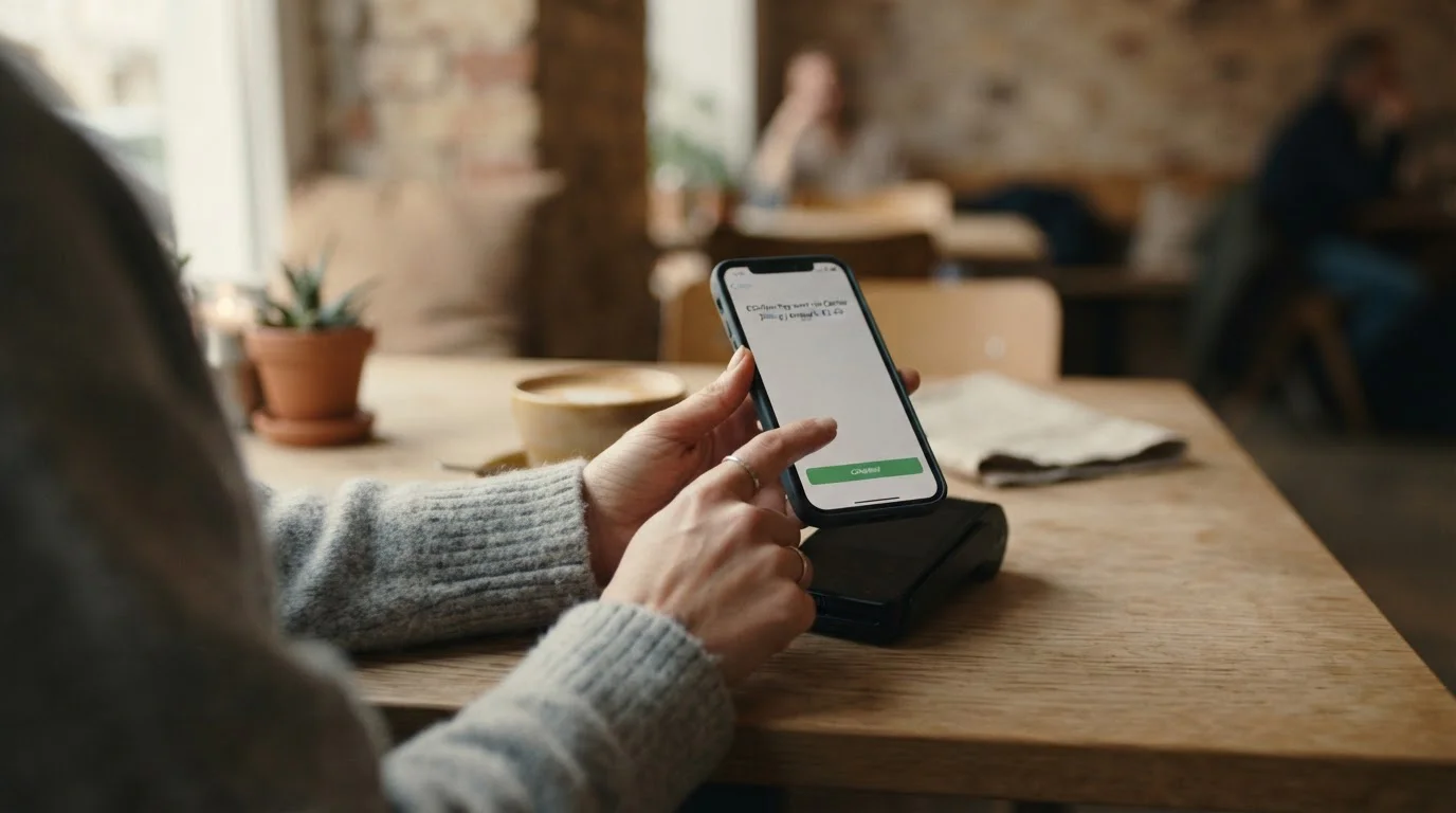 A person tapping a smartphone to confirm a small carrier-billed payment, warm indirect light on a plain table